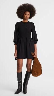 Madewell | NWT Long Sleeve Smocked Mini Dress in Jet Black | Sz M